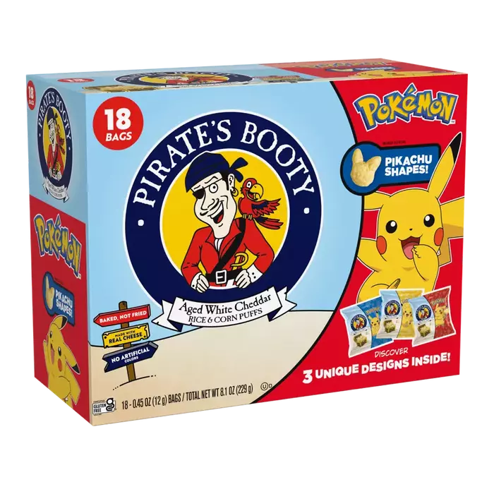 PIRATE'S BOOTY Pokémon Aged White Cheddar Rice & Corn Puffs, 0.5 oz Bags (18 Count)
