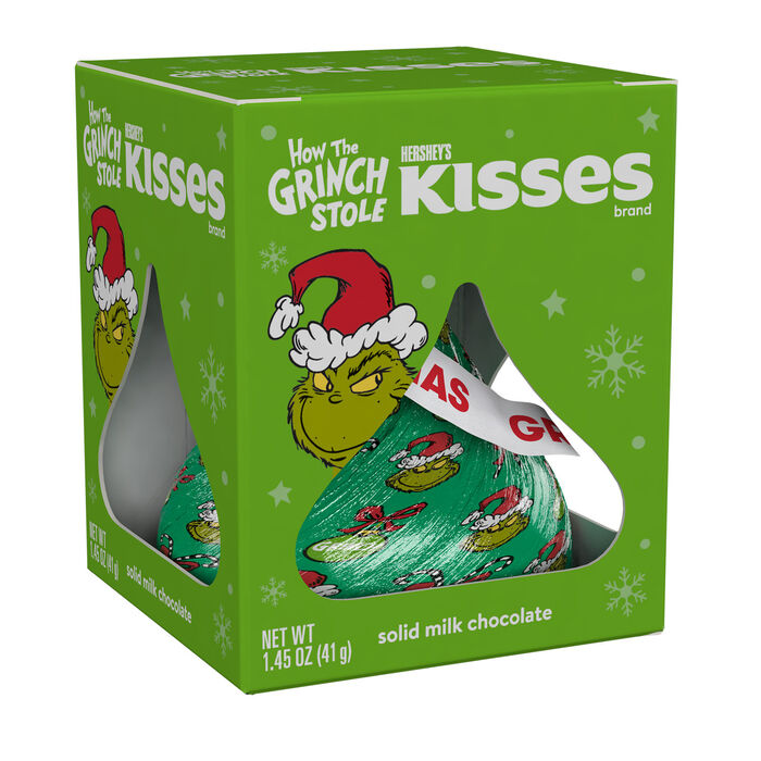 HERSHEY'S KISSES Grinch Solid Milk Chocolate, Christmas Candy Gift Box, 1.45 oz