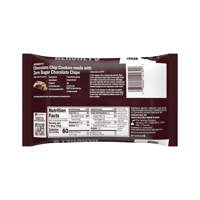 HERSHEY'S Zero Sugar Chocolate Baking Chips Bag, 8 oz