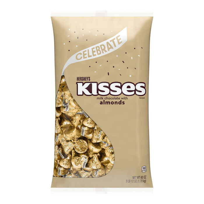 HERSHEY'S KISSES with Almonds Gold Foils Milk Chocolate Candy Bulk Bag, 60 oz