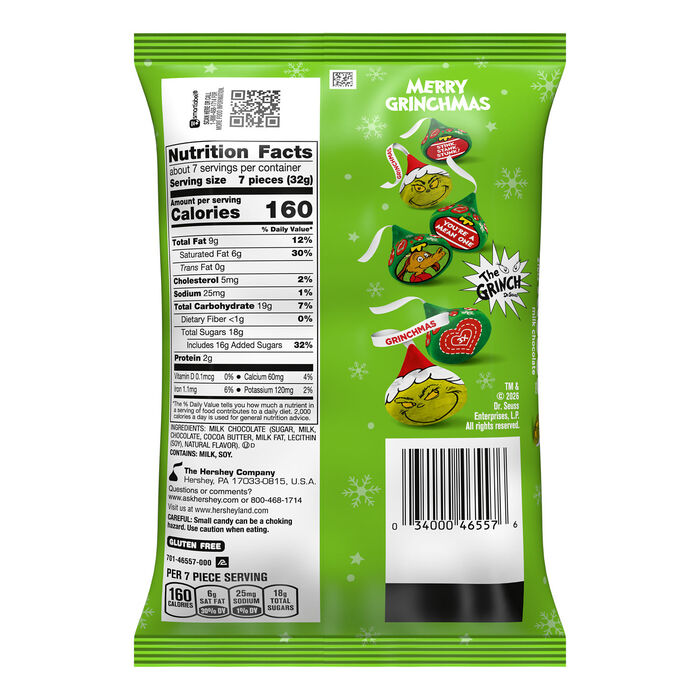 HERSHEY'S KISSES Grinch Milk Chocolate, Christmas , Candy Bag, 8.4 oz