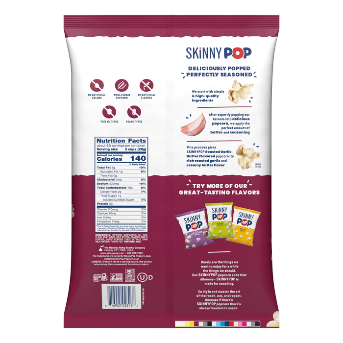 SKINNYPOP Roasted Garlic Butter Flavored Popcorn, 4.4 oz bag